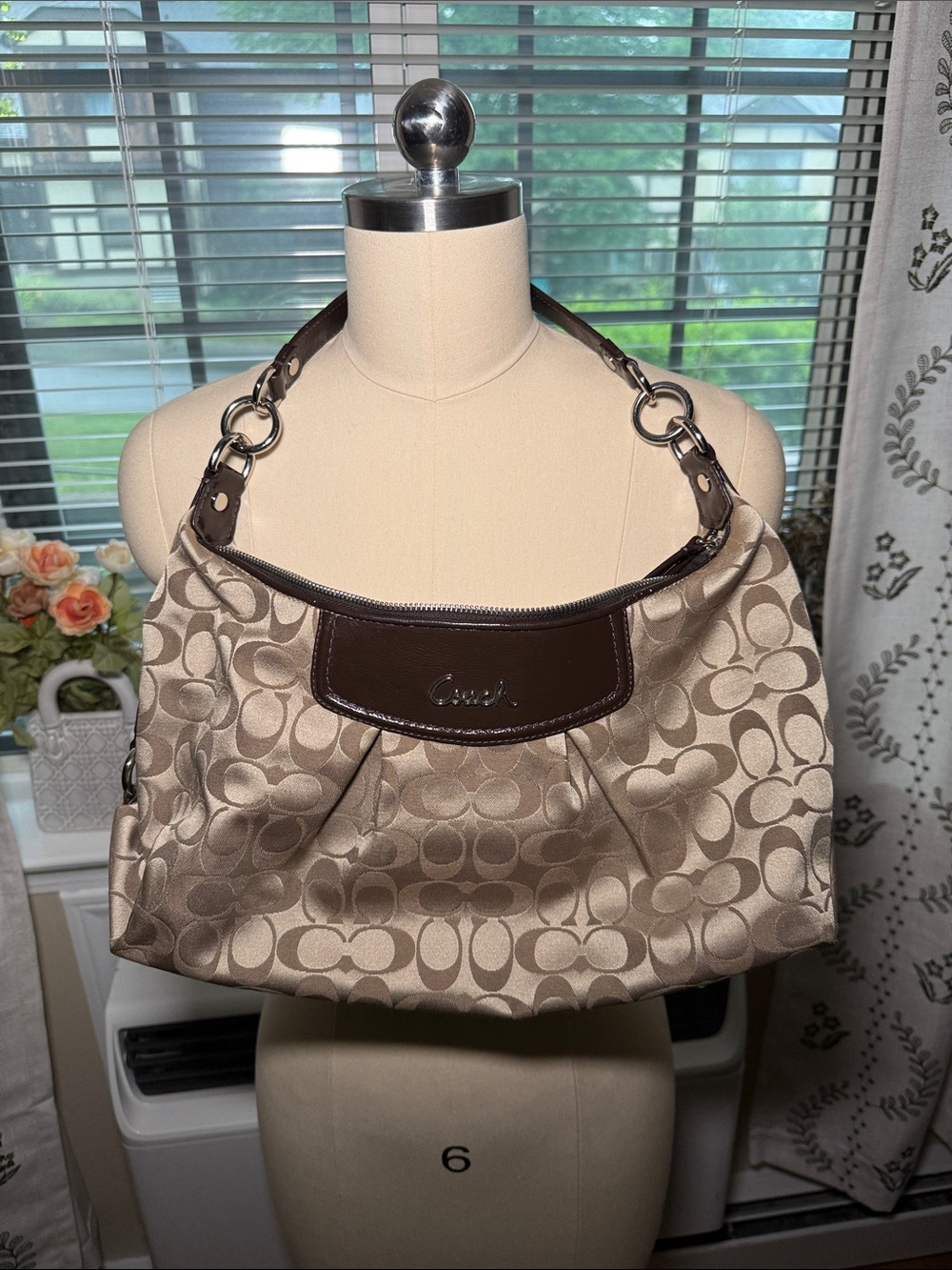 Coach Tan Signature Canvas Shoulder Bag with Dark Brown Leather Trim - Picture 7 of 8